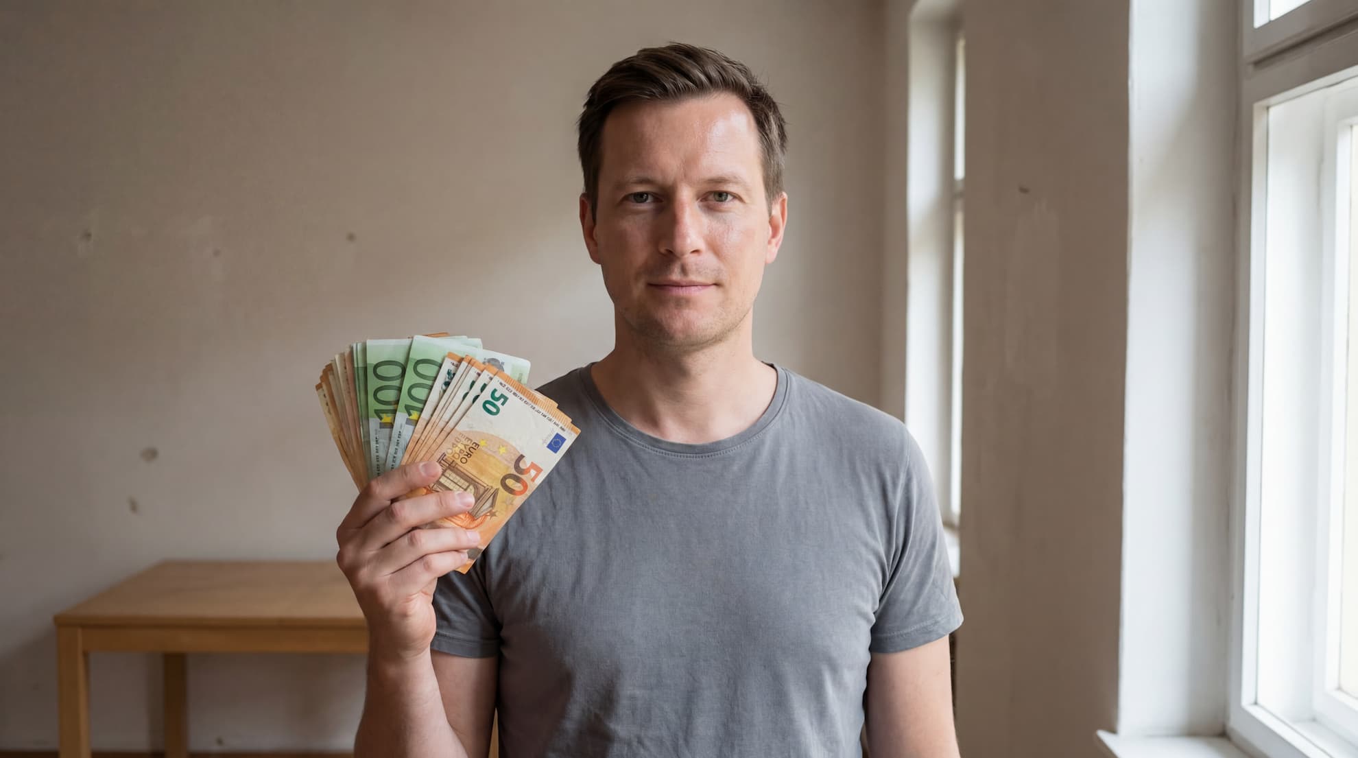 Mann hält Geldscheine in der Hand – 3000 Euro leihen und Kredit online beantragen