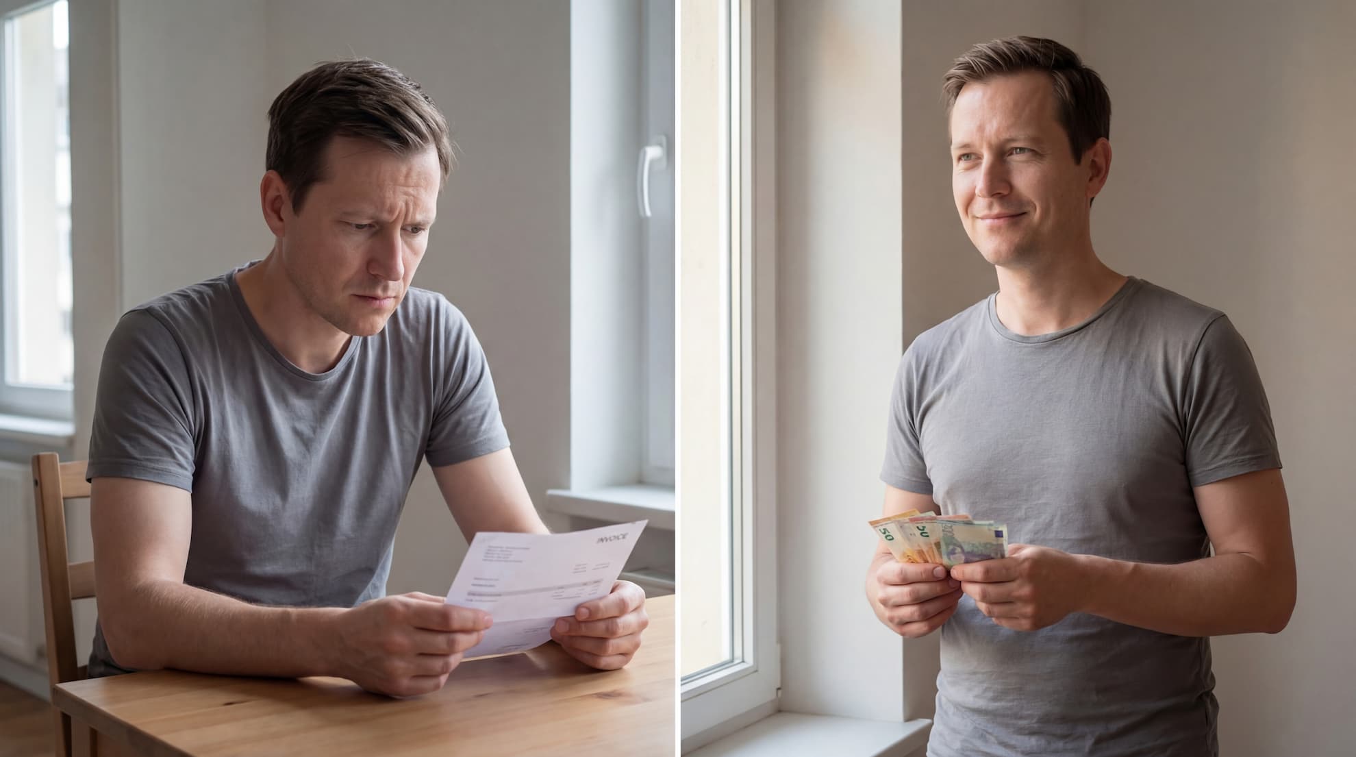 Mikrokredit Auszahlung – Mann vor und nach Kredit mit Geld in der Hand