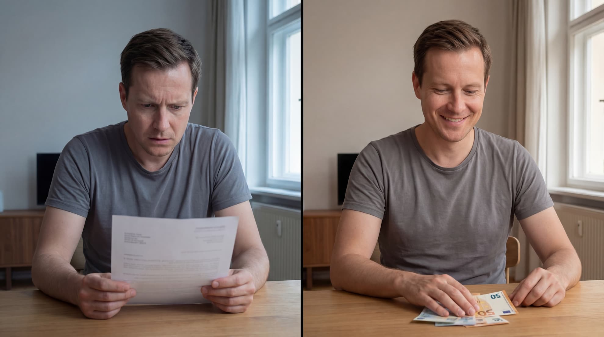 Mann vergleicht finanzielle Situation vor und nach Kredit trotz Schufa-Eintrag